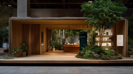 A minimalist brand booth at a sustainability expo, featuring wooden textures, plants, and QR codes linking to eco-friendly products — conscious consumer design, green marketing presence, and