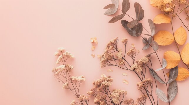 delicate dried flowers and leaves arranged along soft peach background creating botanical border gentle warm tones generous copyspace concept of wedding stationery seasonal branding lifestyle blogs