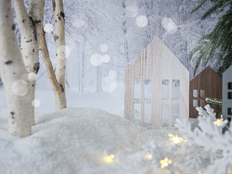 White winter season scenery background in field snow with farmhouse wood houses, birch and pine trees, snowflakes, twinkle fairy lights, blurry backdrop trees and bokeh. Christmas card to custom. - Powered by Adobe