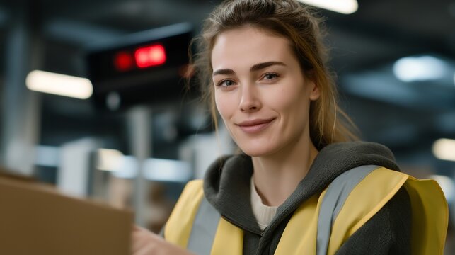 A warehouse worker scanning items while a red-green fulfillment indicator updates overhead on a large LED display — logistics efficiency, smart inventory systems, and automated warehouse workflow.