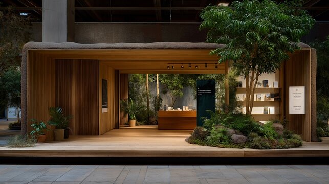 A minimalist brand booth at a sustainability expo, featuring wooden textures, plants, and QR codes linking to eco-friendly products — conscious consumer design, green marketing presence, and