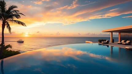 Tropical Villa at Sunset with Infinity Pool and Sea View