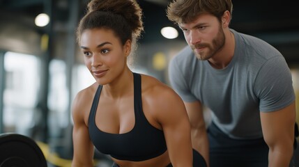 A fitness trainer teaching correct deadlift form, guiding a client on maintaining a neutral spine with slow, controlled motion — safe strength training, injury prevention, and proper biomechanics.