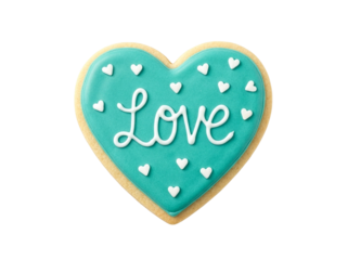 Turquoise cookie with the word love for valentine's day, png on transparent background