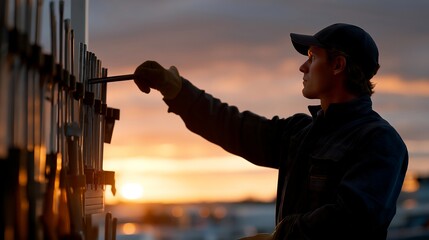 A mechanic sorting specialized tools on modular workshop racks, each silhouette perfectly matched to its slot — precision craftsmanship, automotive repair organization, and professional tool