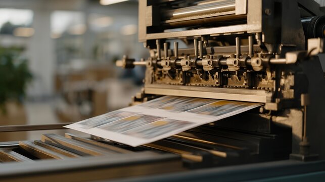 A vintage printing press stamping fresh ink onto paper sheets, gears turning rhythmically as rollers transfer bold typography — traditional printmaking craft, analog publishing history, and