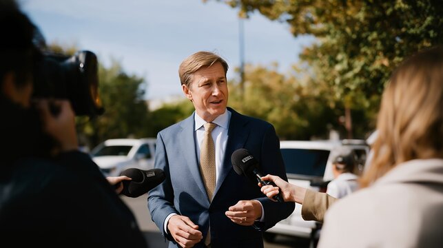 A political candidate addressing reporters during an outdoor press scrum, reporters thrusting recorders forward as city traffic hums behind them — political media engagement, public statement