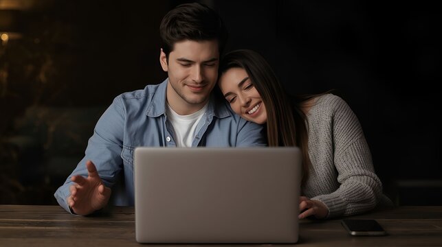 Young couple working on laptop at home