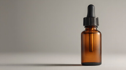 Fototapeta premium Minimal studio shot of amber dropper bottle on white, elegant packaging for beauty serums and natural oils