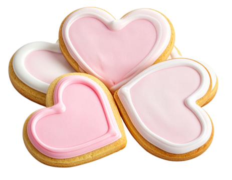 Heart-shaped cookies with pink icing for valentine's day, png on transparent background
