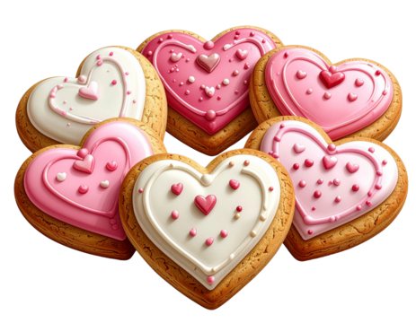 Tray of decorated heart cookies for Valentine's day, png on transparent background