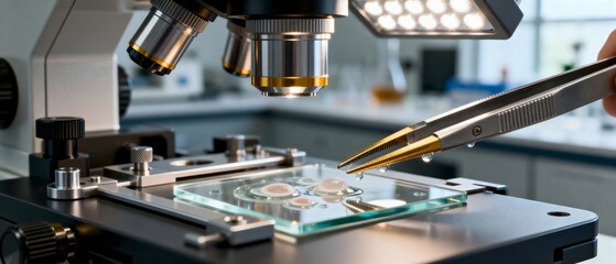 Scientist Using Tweezers on Glass Slide Under Microscope