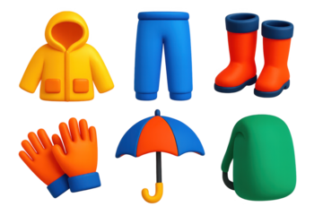 Variety of items related to the outdoors, including a yellow jacket