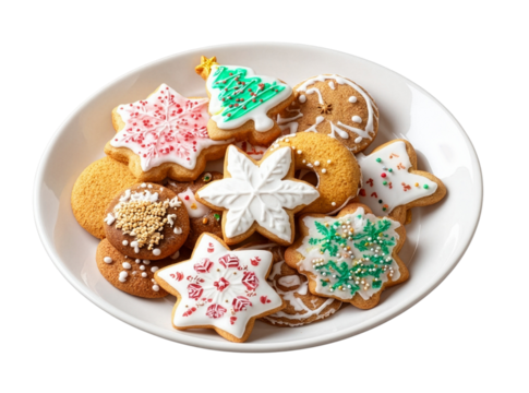 plate of star and snowflake cookies prepared for christmas and new year, png on transparent background