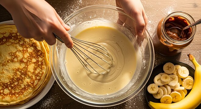 Hands whisking pancake or crepe batter in a glass bowl, with a stack of golden crepes, sliced bananas, and a jar of hazelnut spread on the wooden table.