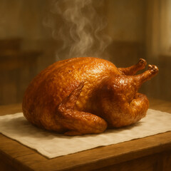 A perfectly roasted whole turkey resting on a wooden cutting board, with steam rising from the golden crispy skin. The dish is garnished with fresh rosemary sprigs and orange slices, creating a warm a