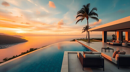 Fototapeta premium Luxury Tropical Villa at Sunset with Pool