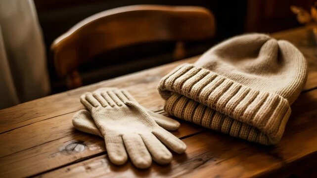 Winter accessories gloves and beanie on wooden table for cold weather fashion style guide 4k video