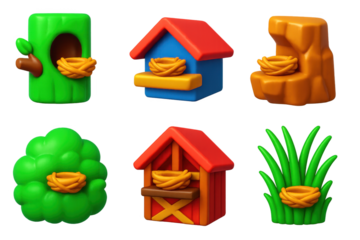 Variety of birdhouses and nests, each with a different design and color scheme