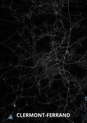 Map of Clermont-Ferrand, France, set against a dark background. The streets and roads are depicted as fine white lines, creating a network across the urban landscape.