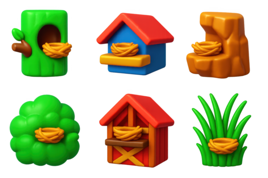 Variety of birdhouses and nests, each with a different design and color scheme