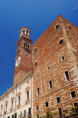 Fototapeta premium Torre dei Lamberti (Lamberti Tower) on Piazza delle Erbe (Market's square) in Verona, Italy