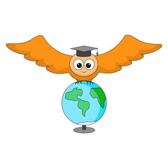 Cute owl with a graduation hat and open wings sits on a globe. Vector illustration on white background for logo, childrens's activity book.