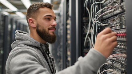 Network professional testing ports on a managed switch rack optimizing network performance and troubleshooting in a secure server room setting.