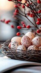Close-up of speckled Easter eggs in a wicker basket, with red berries and a blurred background. Soft focus and natural light create a peaceful atmosphere.