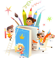 Children playing around a giant fairytale book, friends reading fantasy book. Fairy tale book imaginary world with happy young readers. Vector kids illustration for reading books and education.