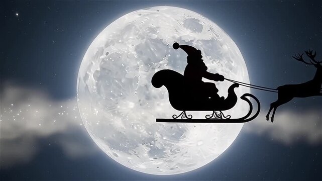 Santa Claus Sleigh Flying Across Full Moon in Starry Night Sky &ndash; Magical Christmas Holiday Background Animation