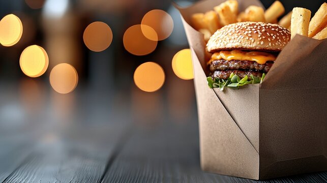 A double cheeseburger with fries in a paper box, with blurred bokeh lights in the background.