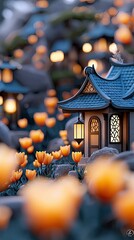 A miniature Japanese village scene with glowing lanterns, orange tulips, and a soft, blurred background, creating a dreamy, peaceful atmosphere at dusk.