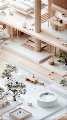 An isometric view of a minimalist Japanese zen garden design, featuring wooden structures, trees, and water features, bathed in natural light.