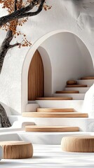 An architectural design featuring a white wall with an archway, wooden door, and steps. A tree branch extends across the top, with bright lighting.