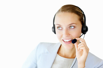 Fototapeta premium Call center, conversation and woman in studio, headset and communication with help desk. Mockup space, person and agent with customer service, crm and talking with system solution on white background