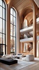 A modern architectural interior with large arched windows, a staircase, and comfortable seating. The space is bathed in warm, natural light.