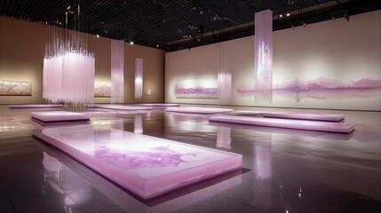 An abstract art installation in a museum setting, featuring reflective surfaces and ambient lighting. The artwork incorporates hanging elements and illuminated
