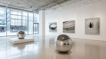 Interior of a modern art gallery featuring sculptures, paintings, and large windows. The space has a minimalist design with bright lighting.
