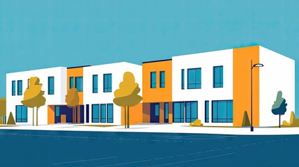 Illustration of a row of modern buildings with trees and a street, under a bright blue sky. The image has a stylized, graphic design.