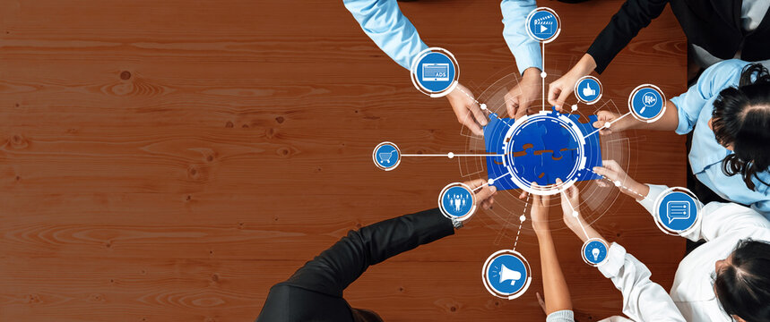 A dynamic business meeting scene highlighting collaboration among teams with digital icons signifying communication and innovation in a modern workspace. Amity