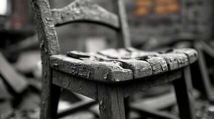 Close-up of a weathered wooden chair with peeling paint, set against a blurred background in monochrome.