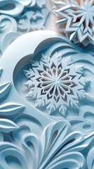 Close-up of intricate paper cut snowflakes and floral designs, creating a wintery, artistic scene with a cool, soft lighting.