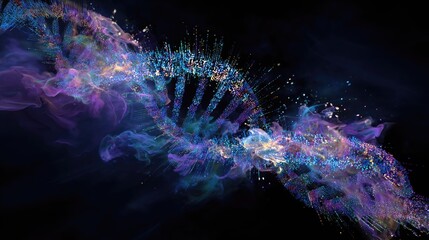 A 3D DNA helix transforms into a stream of digital data. The image conveys the fusion of biology and technology.