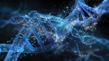 A twisting DNA structure merges seamlessly with flowing code. The scene reflects the connection between life sciences and computation.