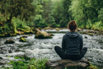A young woman sits on a rock. A peaceful moment of awareness by the river surrounded by greenery