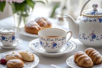 Elegant porcelain tea set with tea, exquisite pastries, and a warm atmosphere