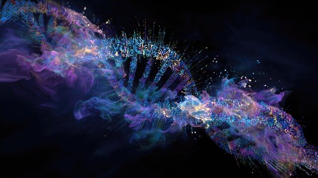 A 3D DNA helix transforms into a stream of digital data. The image conveys the fusion of biology and technology.