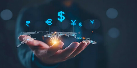 Global currency exchange concept, Businessman holding virtual world map and dollar yuan yen euro and pound sterling sign. Global business, international trading currency, world economy money