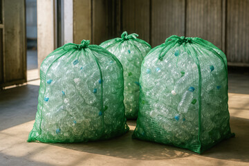 Naklejka premium Three large green mesh bags filled with empty plastic bottles sit inside a sunlit industrial space, ready for recycling or disposal.